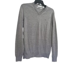 Calvin Klein Mens Gray Extra Fine Merino Wool V-Neck Preppy Career Sweater Small